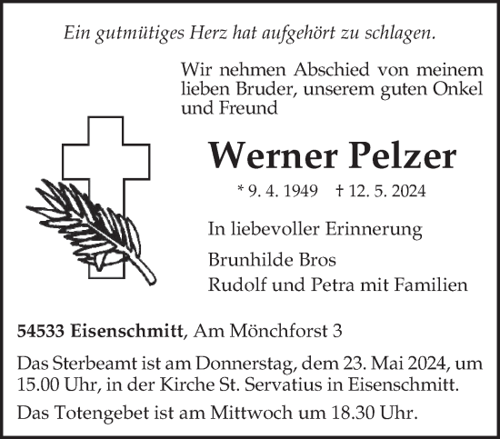 Traueranzeige von Werner Pelzer von trierischer_volksfreund