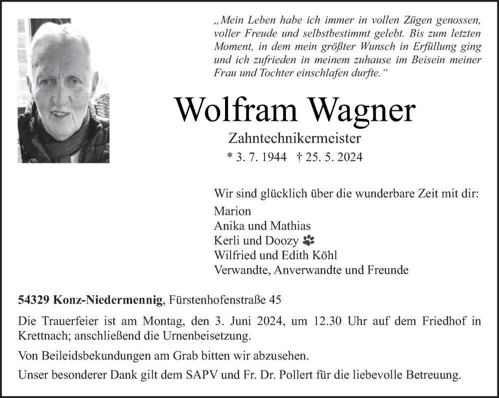  Traueranzeige für Wolfram Wagner vom 29.05.2024 aus trierischer_volksfreund