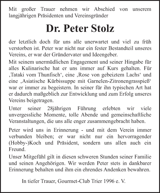 Traueranzeige von Peter Stolz von trierischer_volksfreund