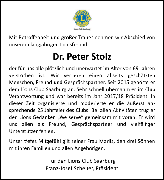 Traueranzeige von Peter Stolz von trierischer_volksfreund
