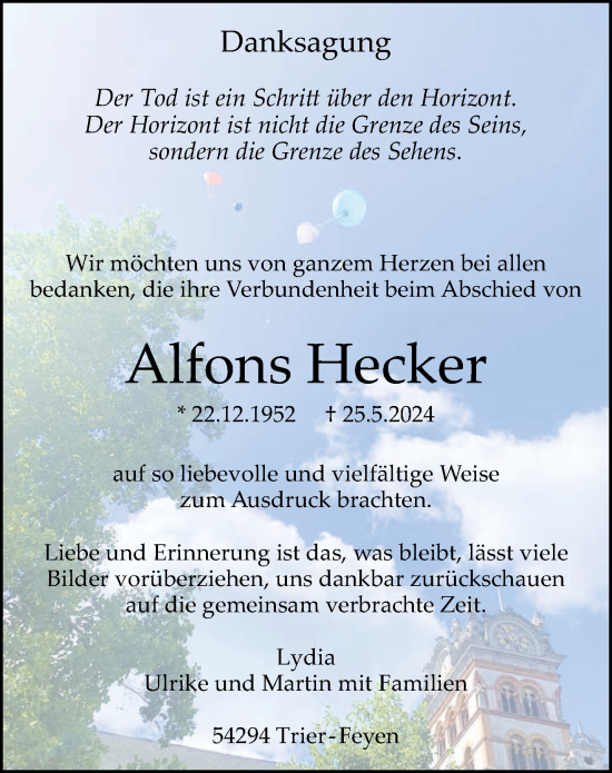 Traueranzeige von Alfons Hecker von trierischer_volksfreund