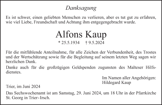 Traueranzeige von Alfons Kaup von trierischer_volksfreund