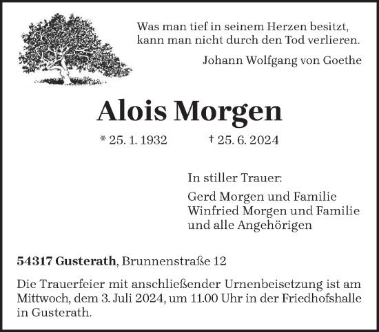 Traueranzeige von Alois Morgen von trierischer_volksfreund