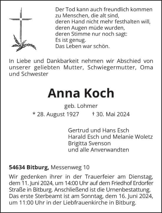 Traueranzeige von Anna Koch von trierischer_volksfreund