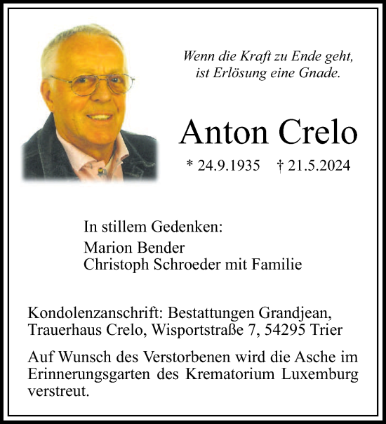 Traueranzeige von Anton Crelo von trierischer_volksfreund