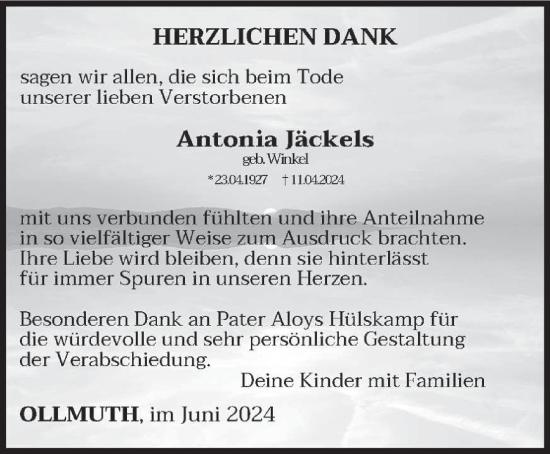 Traueranzeige von Antonia Jäckels von trierischer_volksfreund