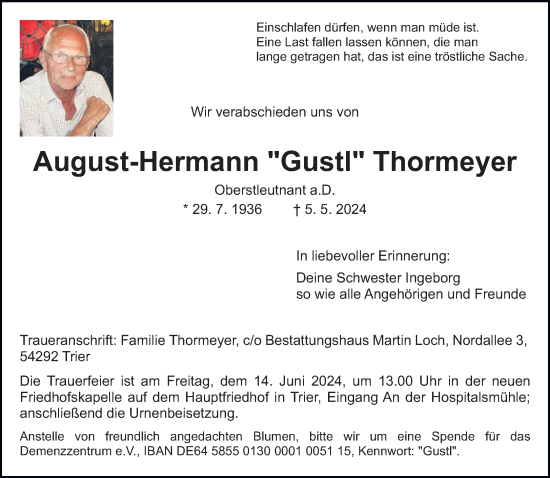 Traueranzeige von August-Hermann Thormeyer von trierischer_volksfreund