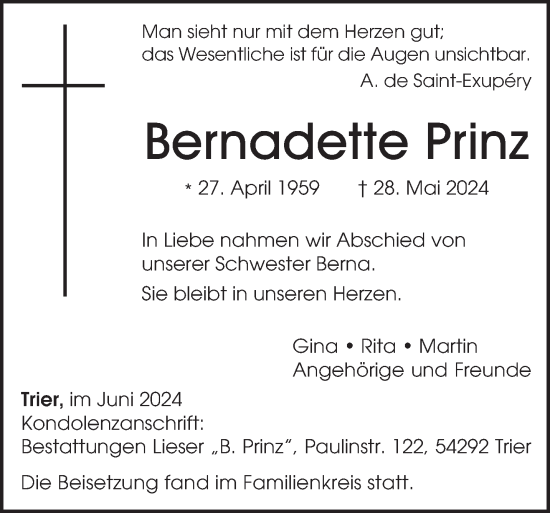 Traueranzeige von Bernadette Prinz von trierischer_volksfreund