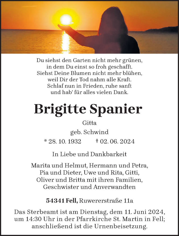  Traueranzeige für Brigitte Spanier vom 08.06.2024 aus trierischer_volksfreund