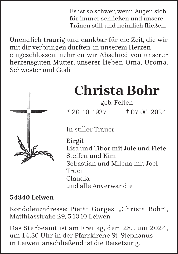  Traueranzeige für Christa Bohr vom 22.06.2024 aus trierischer_volksfreund