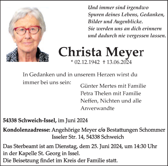 Traueranzeige von Christa Meyer von trierischer_volksfreund