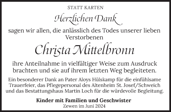 Traueranzeige von Christa Mittelbronn von trierischer_volksfreund