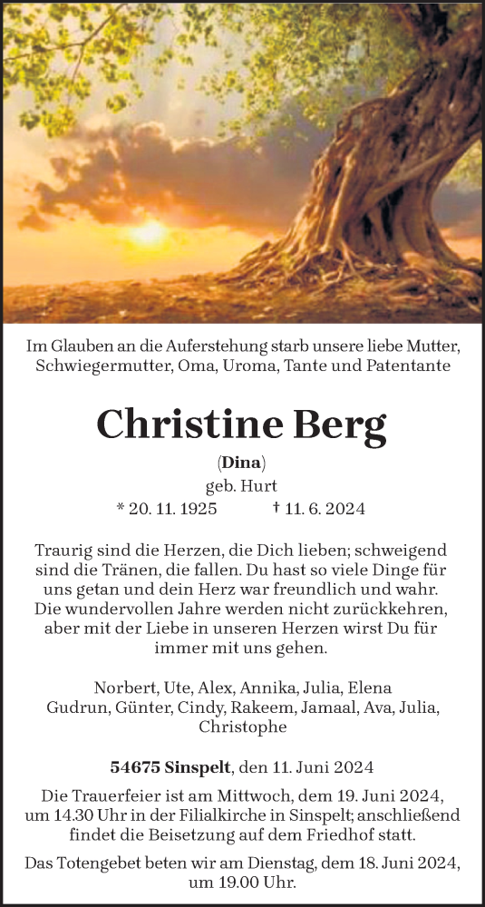  Traueranzeige für Christine Berg vom 15.06.2024 aus trierischer_volksfreund