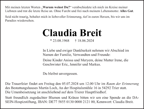 Traueranzeige von Claudia Breit von trierischer_volksfreund