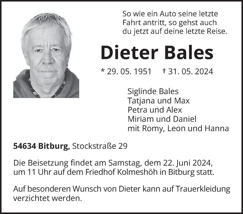  Traueranzeige für Dieter Bales vom 08.06.2024 aus trierischer_volksfreund