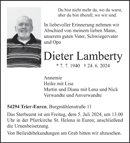 Traueranzeige von Dieter Lamberty von trierischer_volksfreund