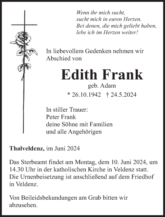 Traueranzeige von Edith Frank von trierischer_volksfreund