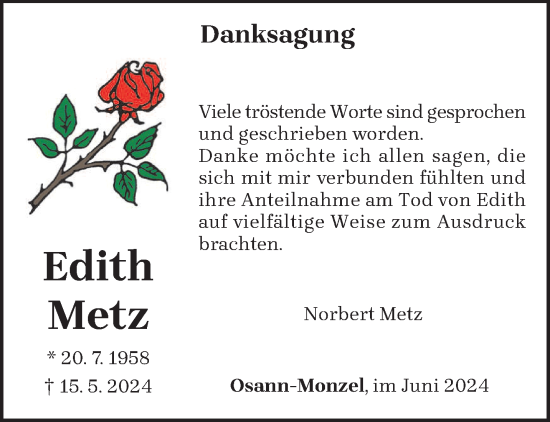 Traueranzeige von Edith Metz von trierischer_volksfreund