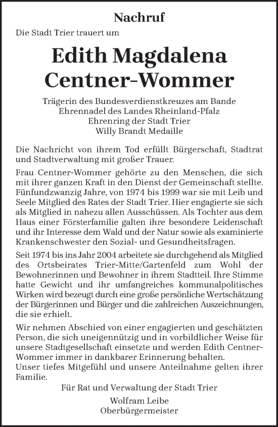 Traueranzeige von Edith Magdalena Centner-Wommer von trierischer_volksfreund