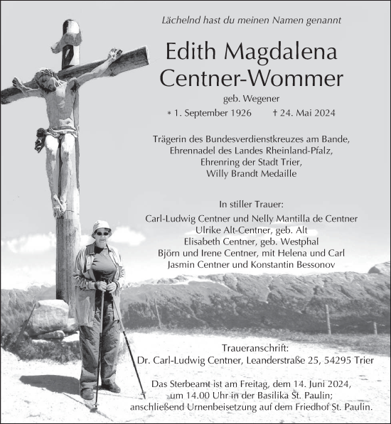 Traueranzeige von Edith Magdalena Centner-Wommer von trierischer_volksfreund