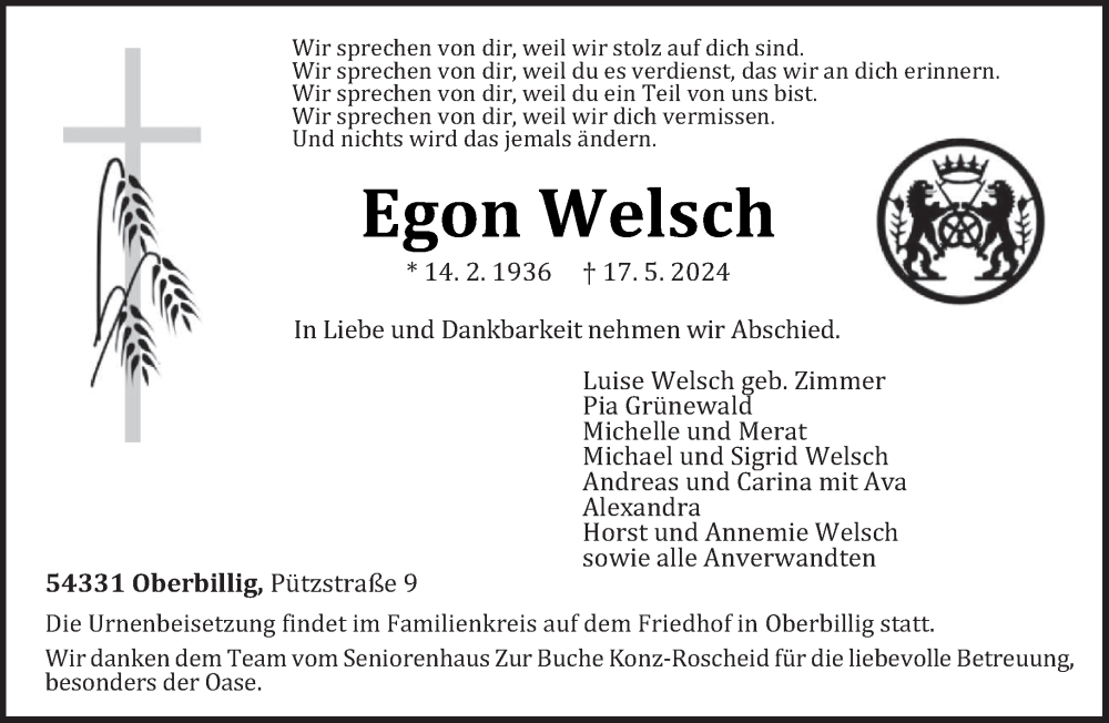  Traueranzeige für Egon Welsch vom 31.05.2024 aus trierischer_volksfreund