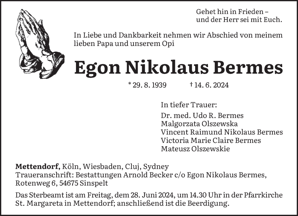  Traueranzeige für Egon Nikolaus Bermes vom 22.06.2024 aus trierischer_volksfreund