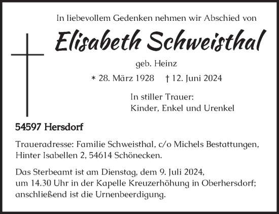 Traueranzeige von Elisabeth Schweisthal von trierischer_volksfreund