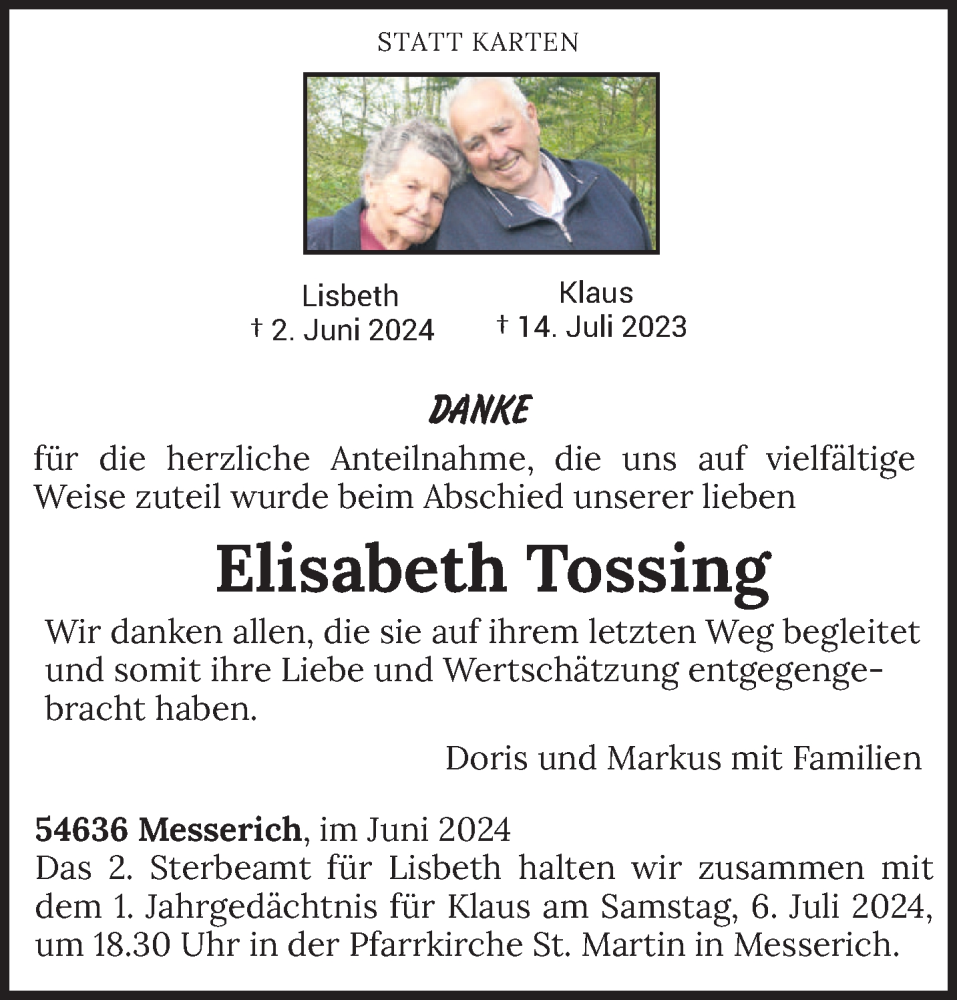  Traueranzeige für Elisabeth Tossing vom 29.06.2024 aus trierischer_volksfreund