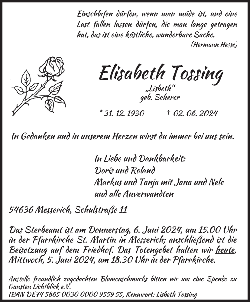  Traueranzeige für Elisabeth Tossing vom 05.06.2024 aus trierischer_volksfreund