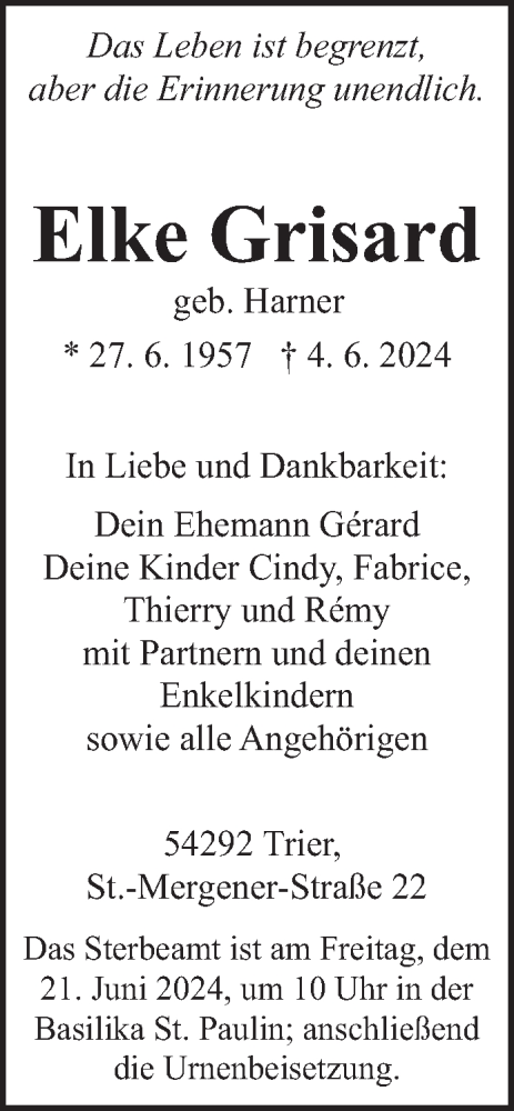 Traueranzeige von Elke Grisard von trierischer_volksfreund