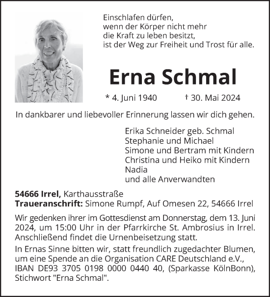 Traueranzeige von Erna Schmal von trierischer_volksfreund