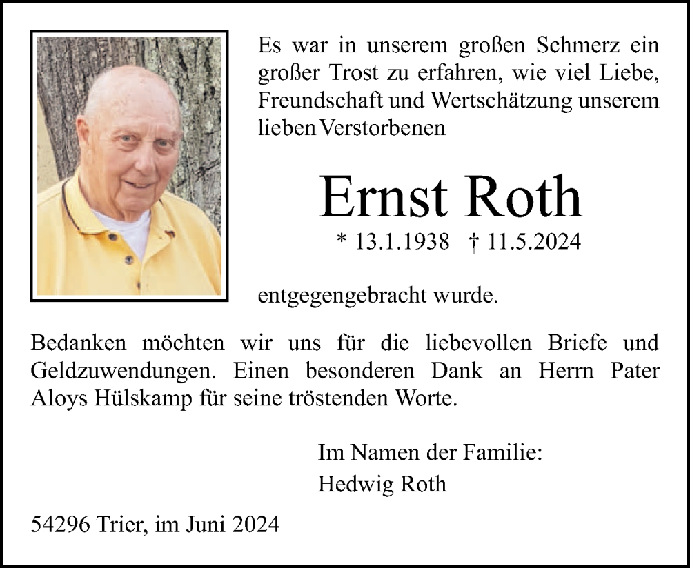  Traueranzeige für Ernst Roth vom 01.06.2024 aus trierischer_volksfreund