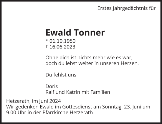 Traueranzeige von Ewald Tonner von trierischer_volksfreund