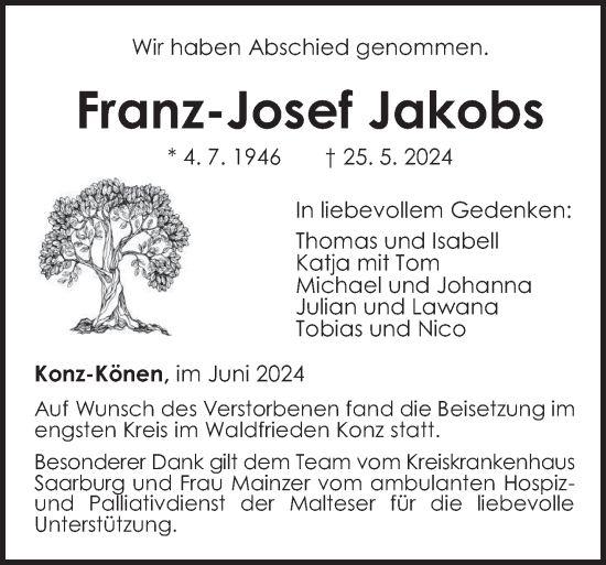 Traueranzeige von Franz-Josef Jakobs von trierischer_volksfreund
