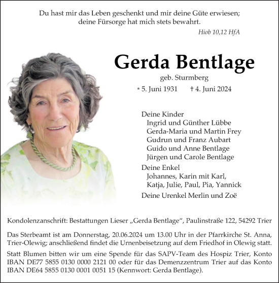 Traueranzeige von Gerda Bentlage von trierischer_volksfreund