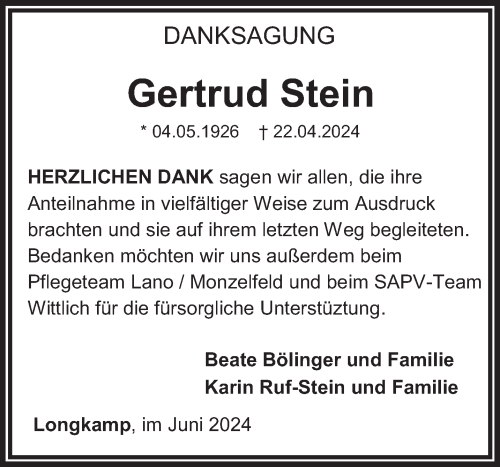  Traueranzeige für Gertrud Stein vom 12.06.2024 aus trierischer_volksfreund