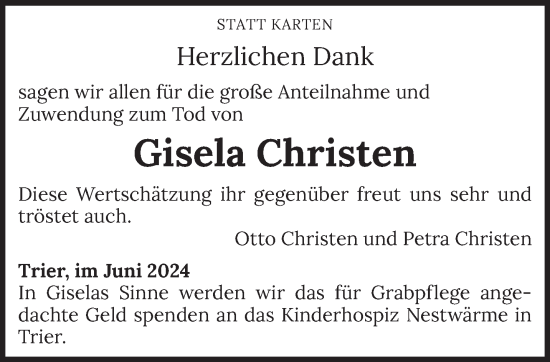 Traueranzeige von Gisela Christen von trierischer_volksfreund