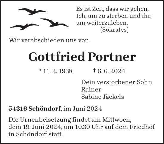 Traueranzeige von Gottfried Portner von trierischer_volksfreund