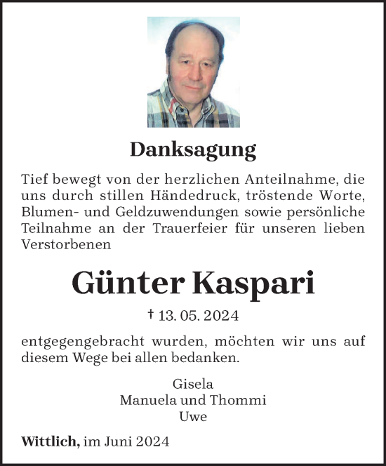 Traueranzeige von Günter Kaspari von trierischer_volksfreund