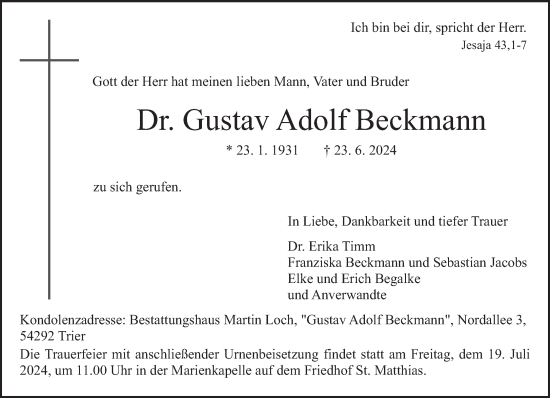 Traueranzeige von Gustav Adolf Beckmann von trierischer_volksfreund