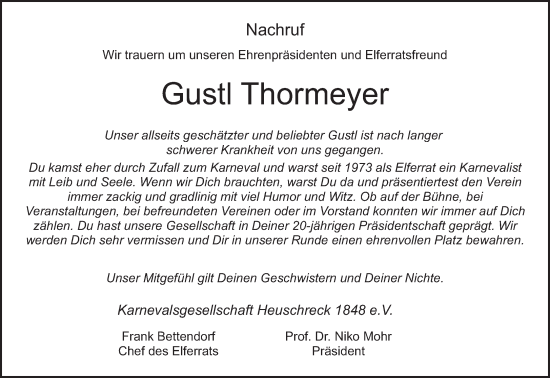 Traueranzeige von Gustl Thormeyer von trierischer_volksfreund