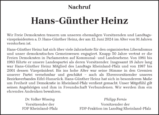 Traueranzeige von Hans-Günther Heinz von trierischer_volksfreund