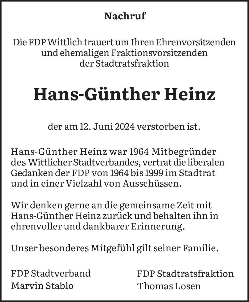  Traueranzeige für Hans-Günther Heinz vom 22.06.2024 aus trierischer_volksfreund