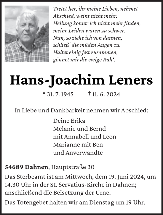 Traueranzeige von Hans-Joachim Leners von trierischer_volksfreund