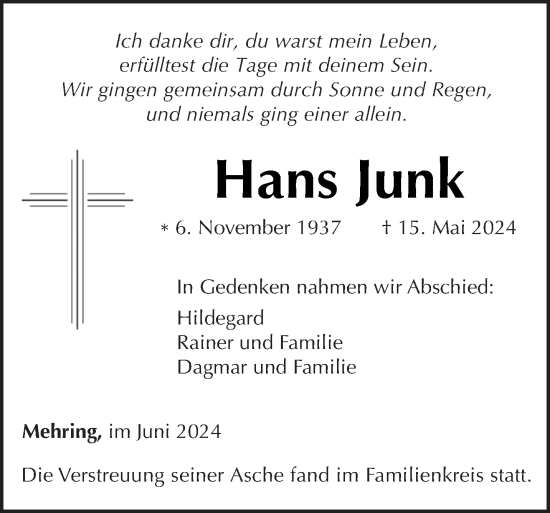 Traueranzeige von Hans Junk von trierischer_volksfreund