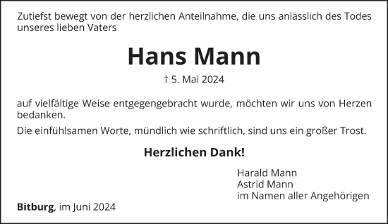 Traueranzeige von Hans Mann von trierischer_volksfreund