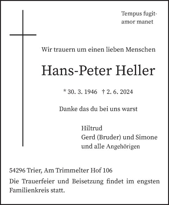 Traueranzeige von Hans-Peter Heller von trierischer_volksfreund