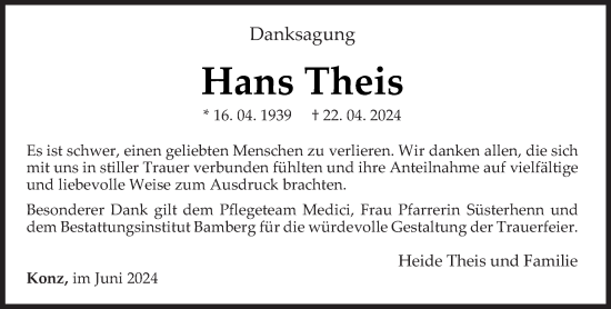 Traueranzeige von Hans Theis von trierischer_volksfreund