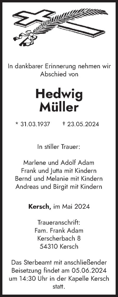  Traueranzeige für Hedwig Müller vom 31.05.2024 aus trierischer_volksfreund