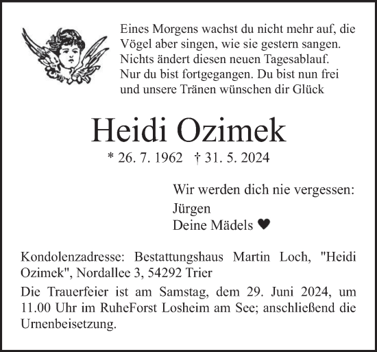 Traueranzeige von Heidi Ozimek von trierischer_volksfreund